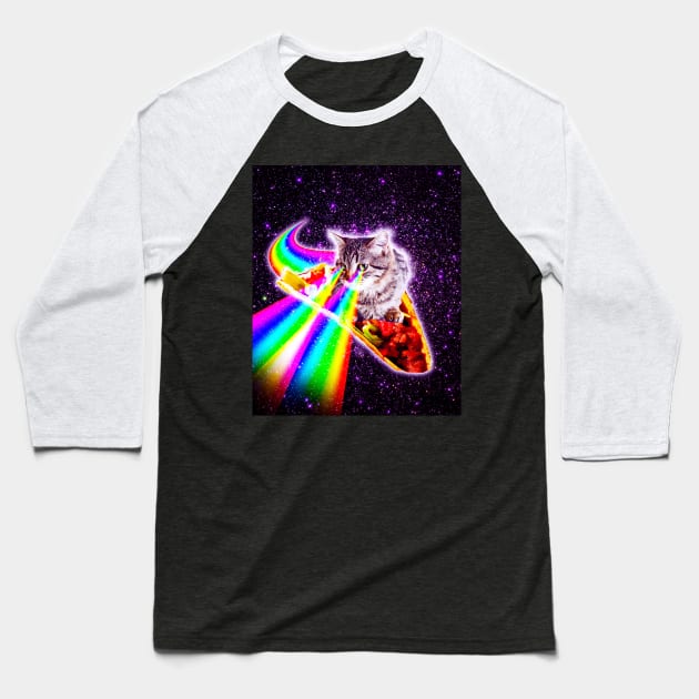Rainbow Laser Eyes Galaxy Cat Riding Taco Baseball T-Shirt by Random Galaxy